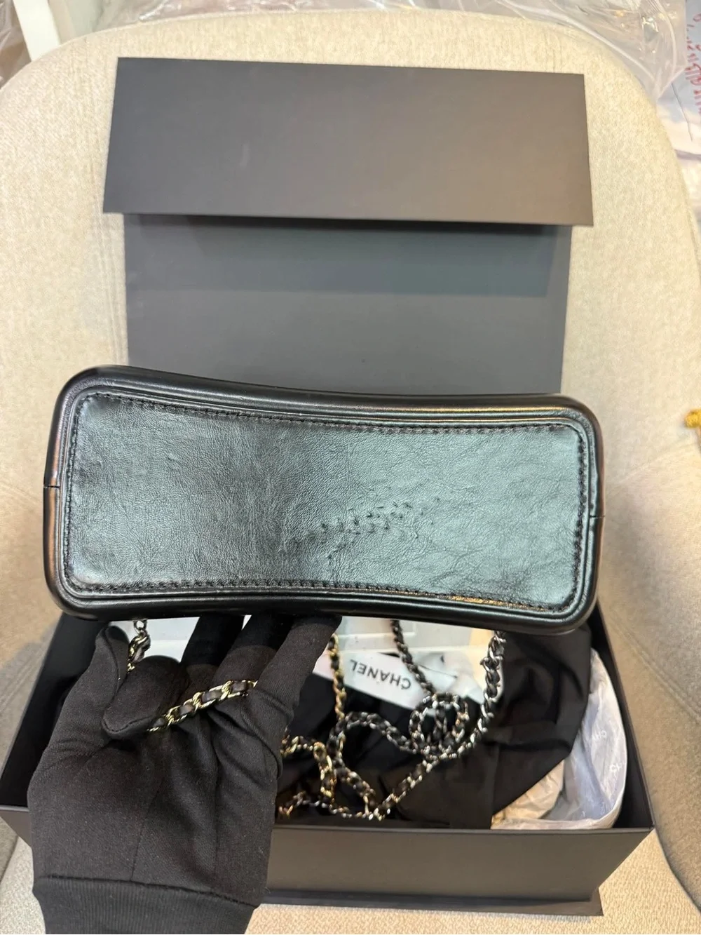CHANEL Navy Quilted Leather Drawstring Shoulder Bag with Black Base Medium